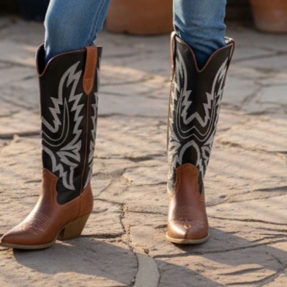 Indigo Shoes - NEW Indigo Rd Brown and Black Western Embroidered Pointed Toe Boots